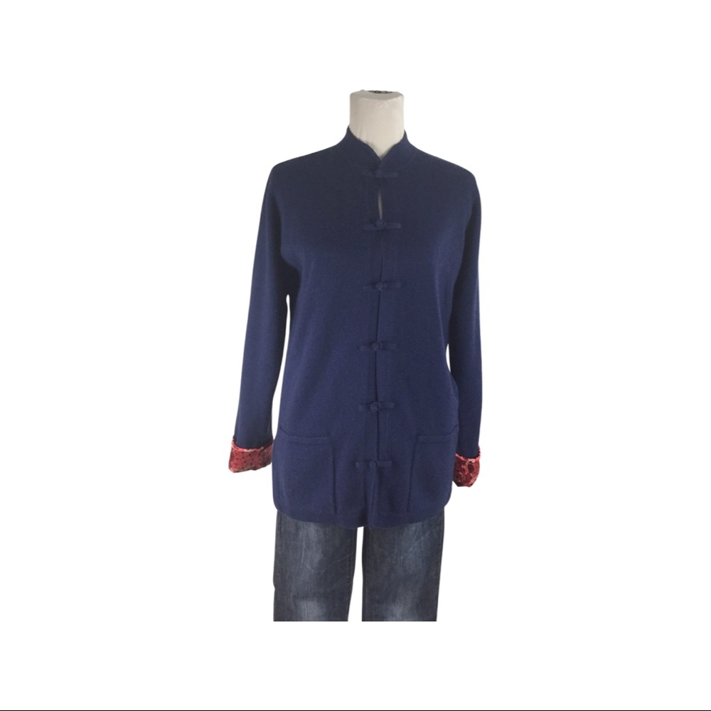 Shanghai Tang Navy Blue Mandarin-Collar Cardigan with Red Cuff Trim